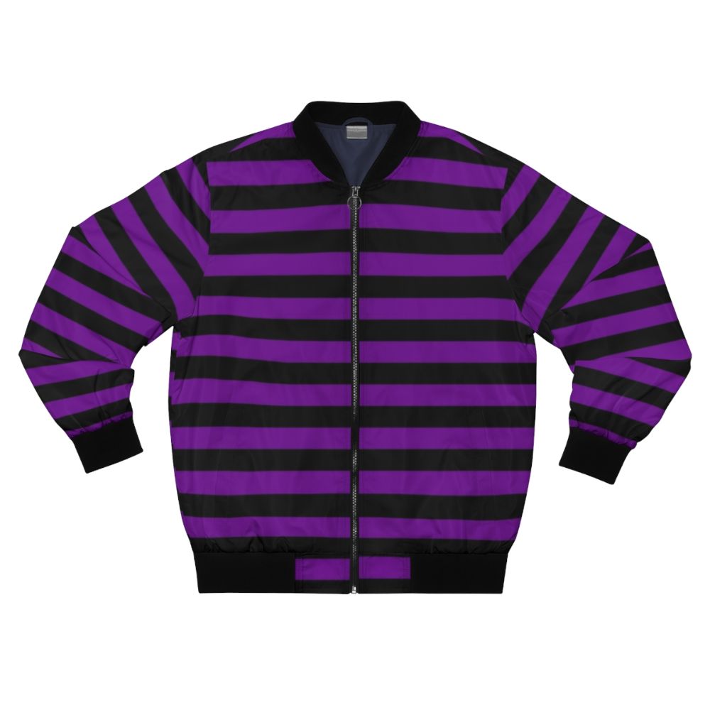 A medium-weight bomber jacket with horizontal violet and black stripes.