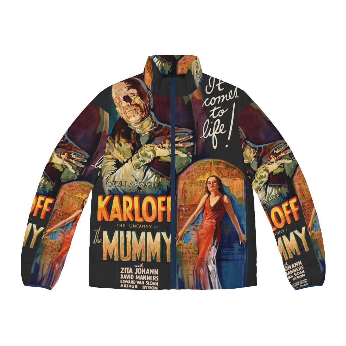 Vintage The Mummy horror movie poster printed on a puffer jacket