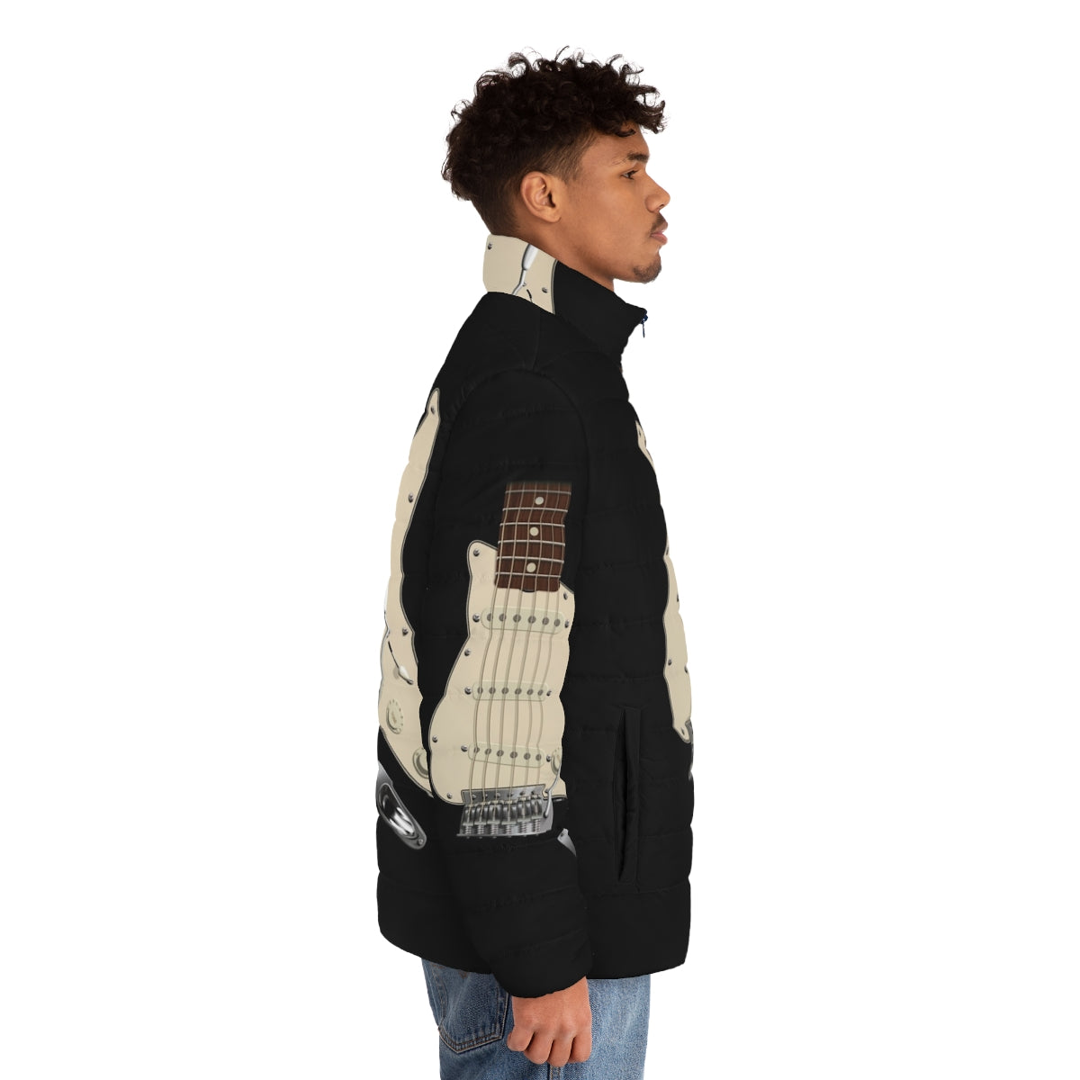 Strat style guitar digital illustration puffer jacket - men side right