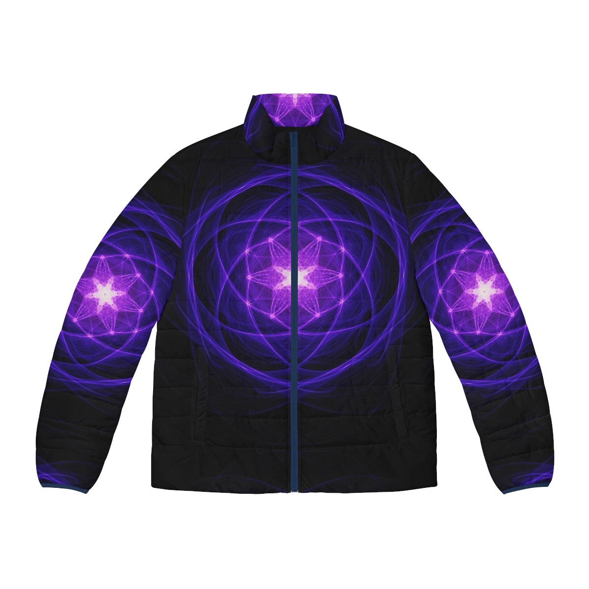 Energetic geometry indigo puffer jacket with sacred geometry elements