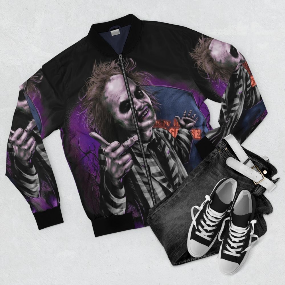 Gothic Beetlejuice bomber jacket with spooky design, inspired by Tim Burton's classic movie - Flat lay