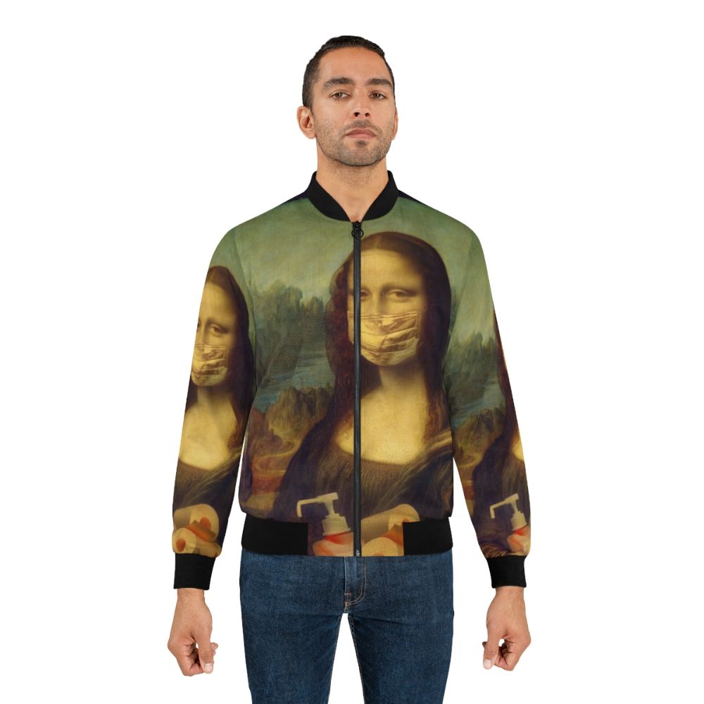 A bomber jacket featuring a comic-style illustration of the Mona Lisa with COVID-19 imagery. - Lifestyle