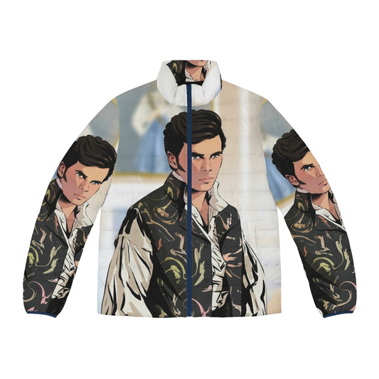 Bridgerton inspired puffer jacket featuring a portrait of the character Colin Bridgerton