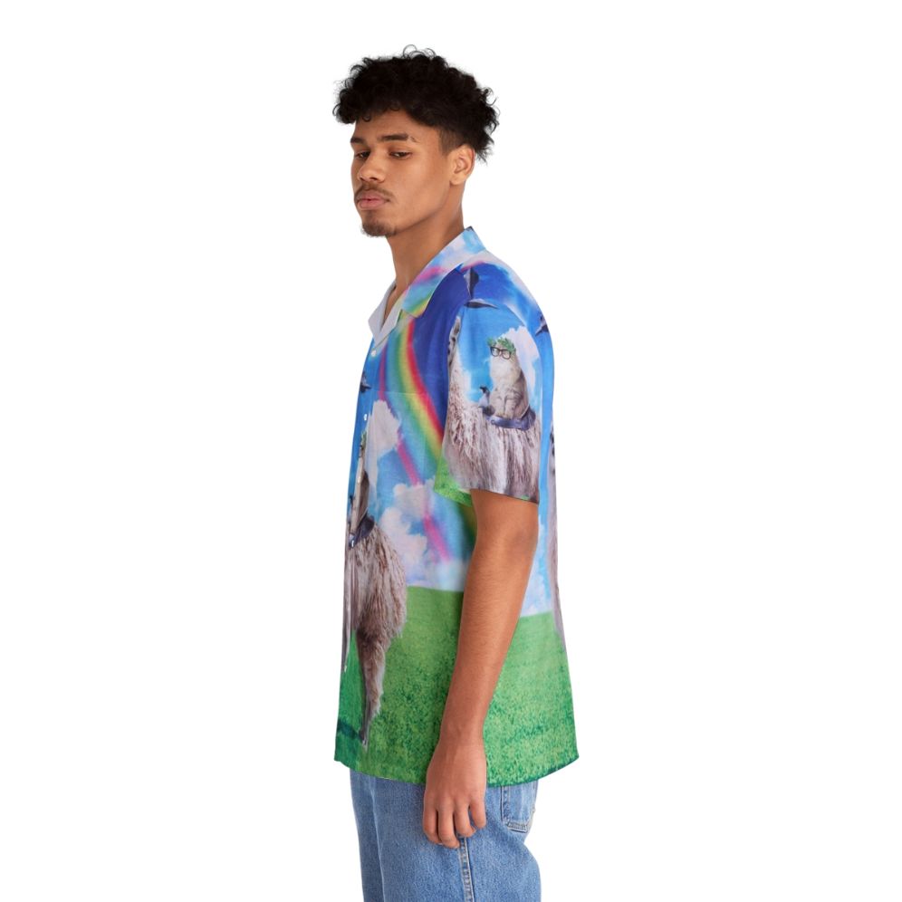 A vibrant Hawaiian shirt featuring a cat riding a llama unicorn in a space-themed cosmic design. - People Left