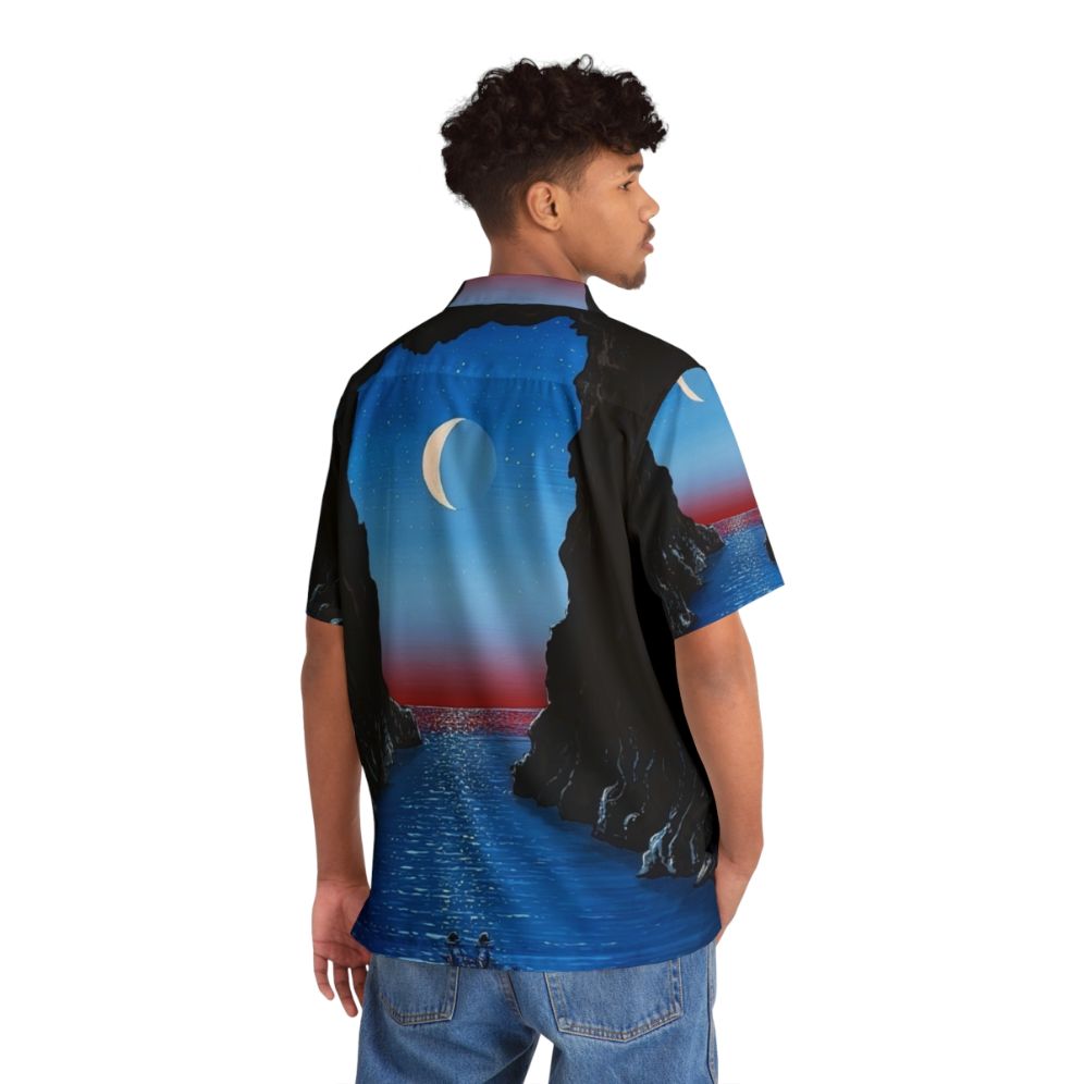 Space themed night drift Hawaiian shirt with astronaut, moon, and water elements - People Back