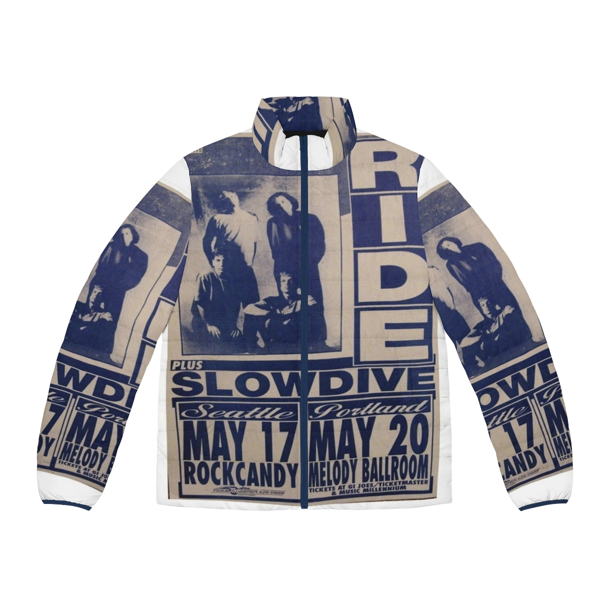 Shoegaze puffer jacket featuring Ride and Slowdive tour poster artwork