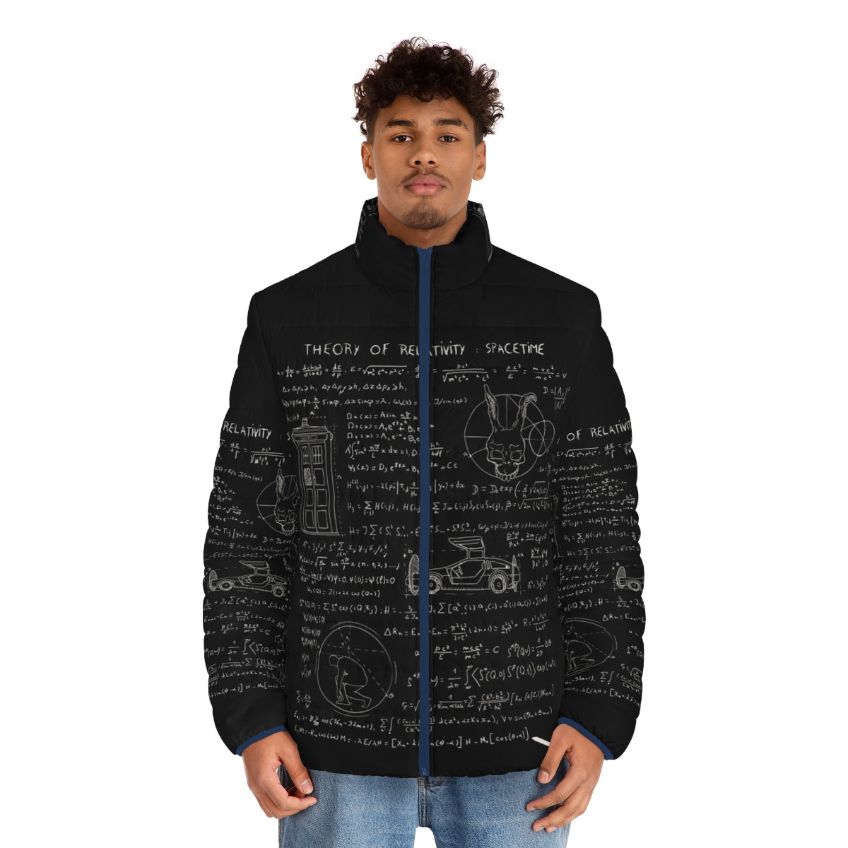 Puffer jacket with spacetime and relativity graphics - men front