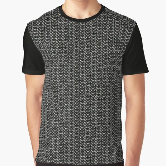 Silver medieval chainmail armor graphic t-shirt with scaled rings and fantasy warrior design