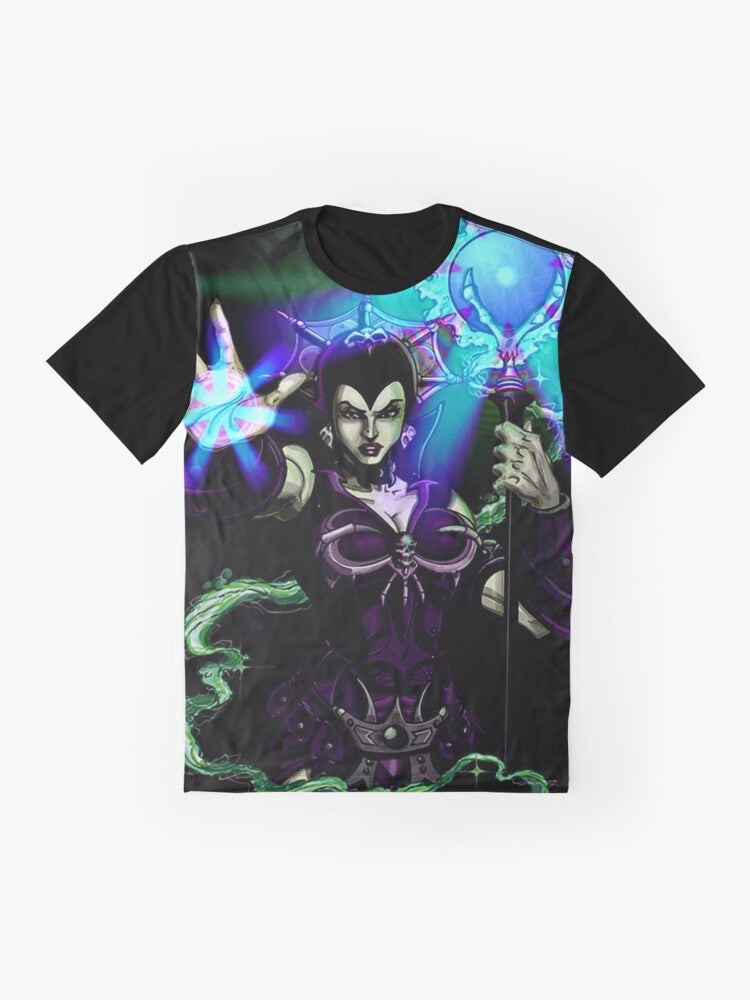 A dark and powerful graphic t-shirt featuring Evil Lyn, the iconic character from the He-Man universe. - Flat lay