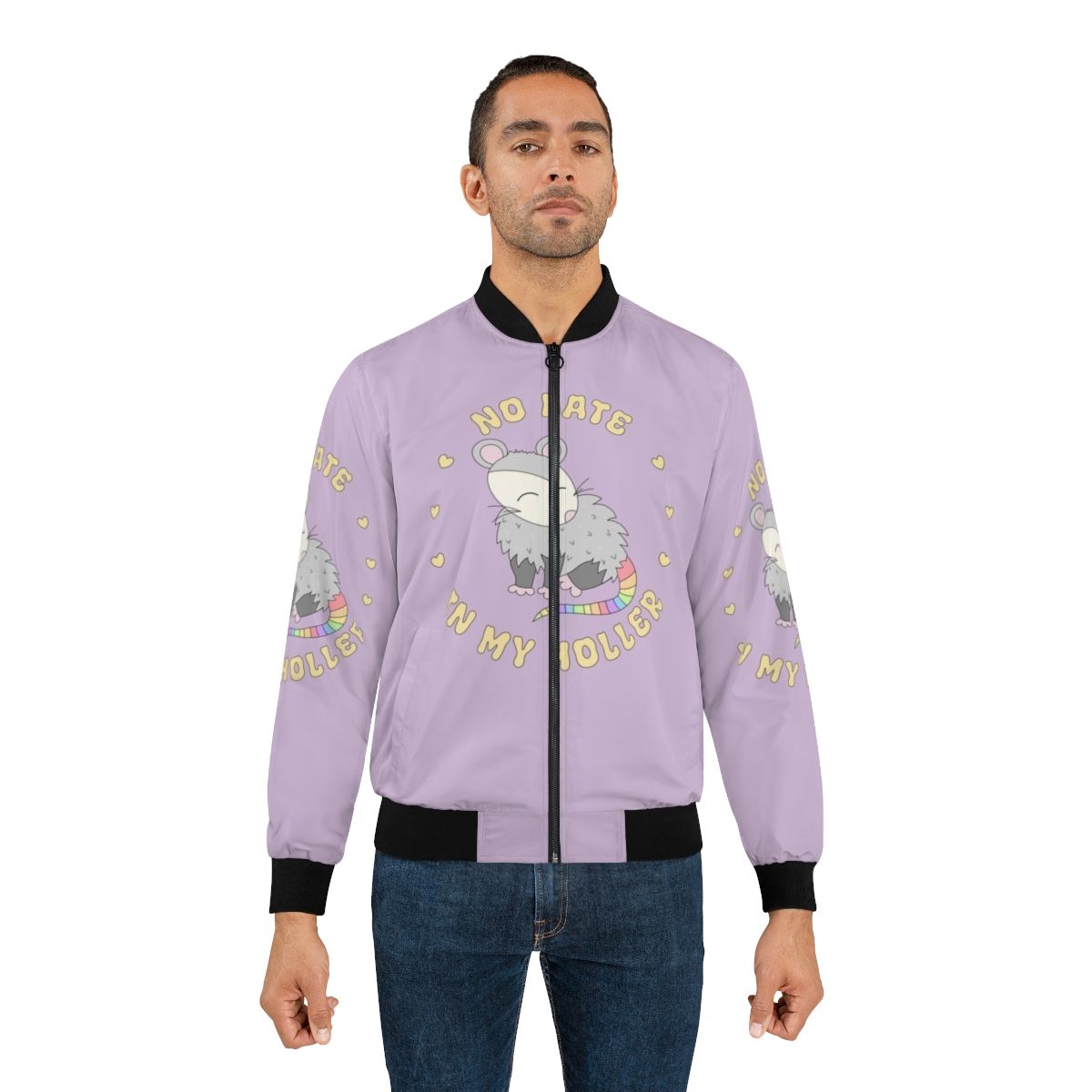 Pastel rainbow-colored bomber jacket with a cute opossum graphic, perfect for West Virginia pride. - Lifestyle