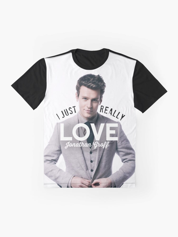 A graphic t-shirt featuring Jonathan Groff, known for his roles in Hamilton, Spring Awakening, and Glee. - Flat lay