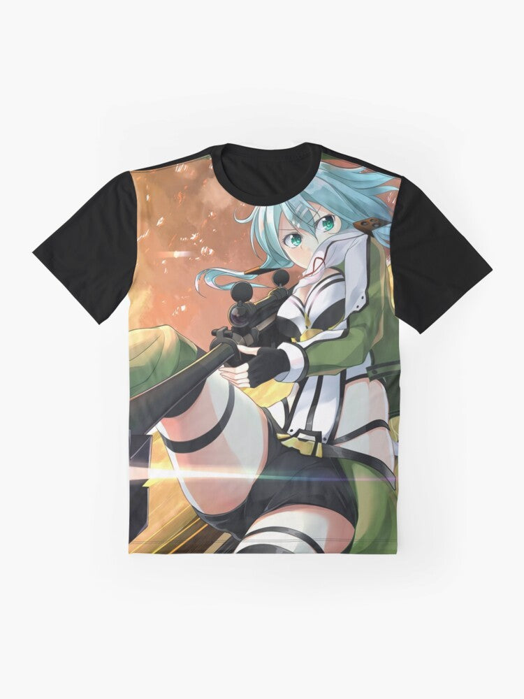 Sinon, a female character from the anime series, holding a rifle graphic on a t-shirt. - Flat lay