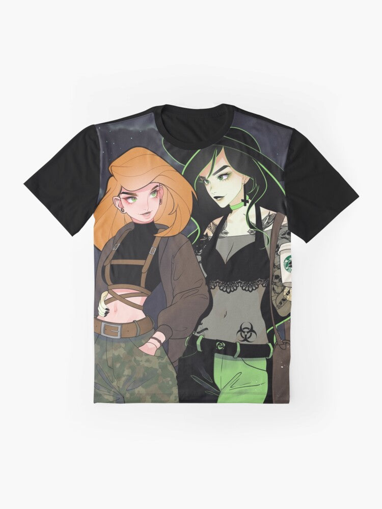 Kim and Shego, the lesbian couple from the anime Kim Possible, featured on a graphic t-shirt design. - Flat lay