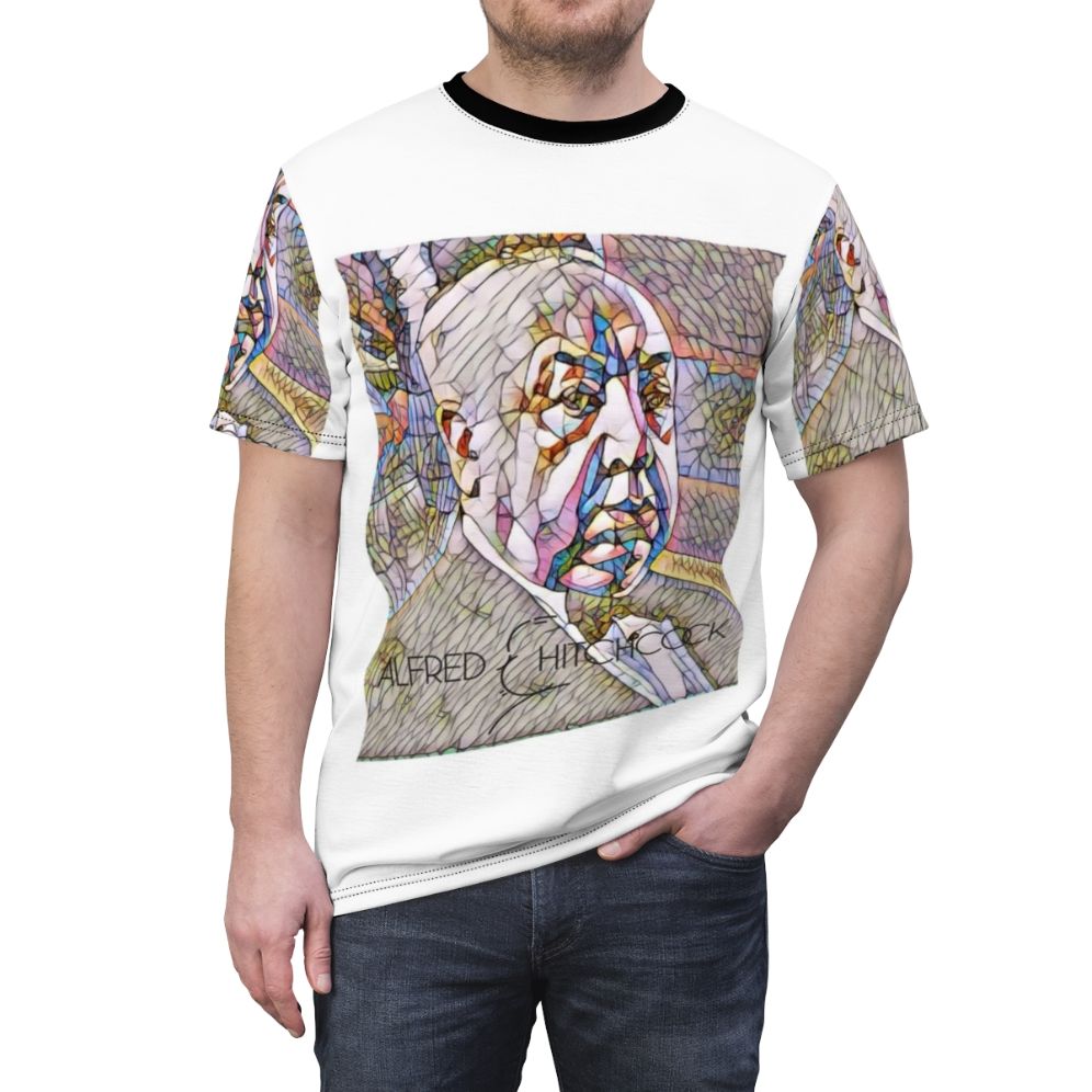 T-shirt featuring iconic artwork and silhouette of legendary director Alfred Hitchcock - men front