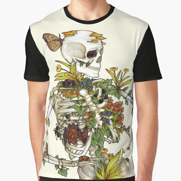 Bones and Botany Graphic T-Shirt featuring a skeleton design with plants, animals, and nature elements