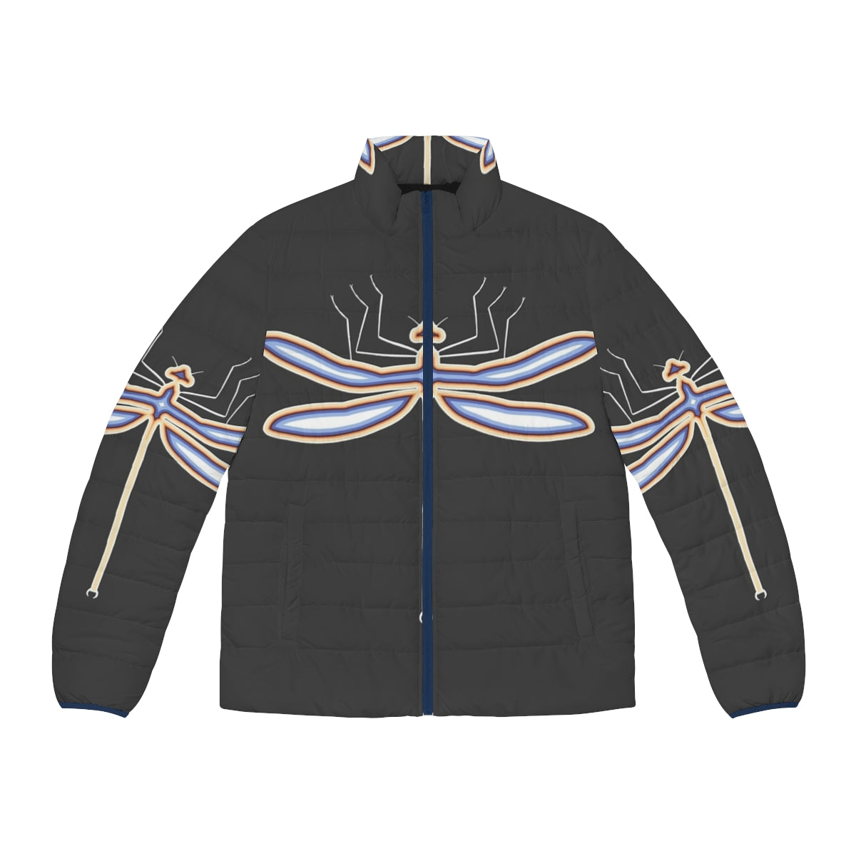 Dragonfly puffer jacket with colorful abstract artwork