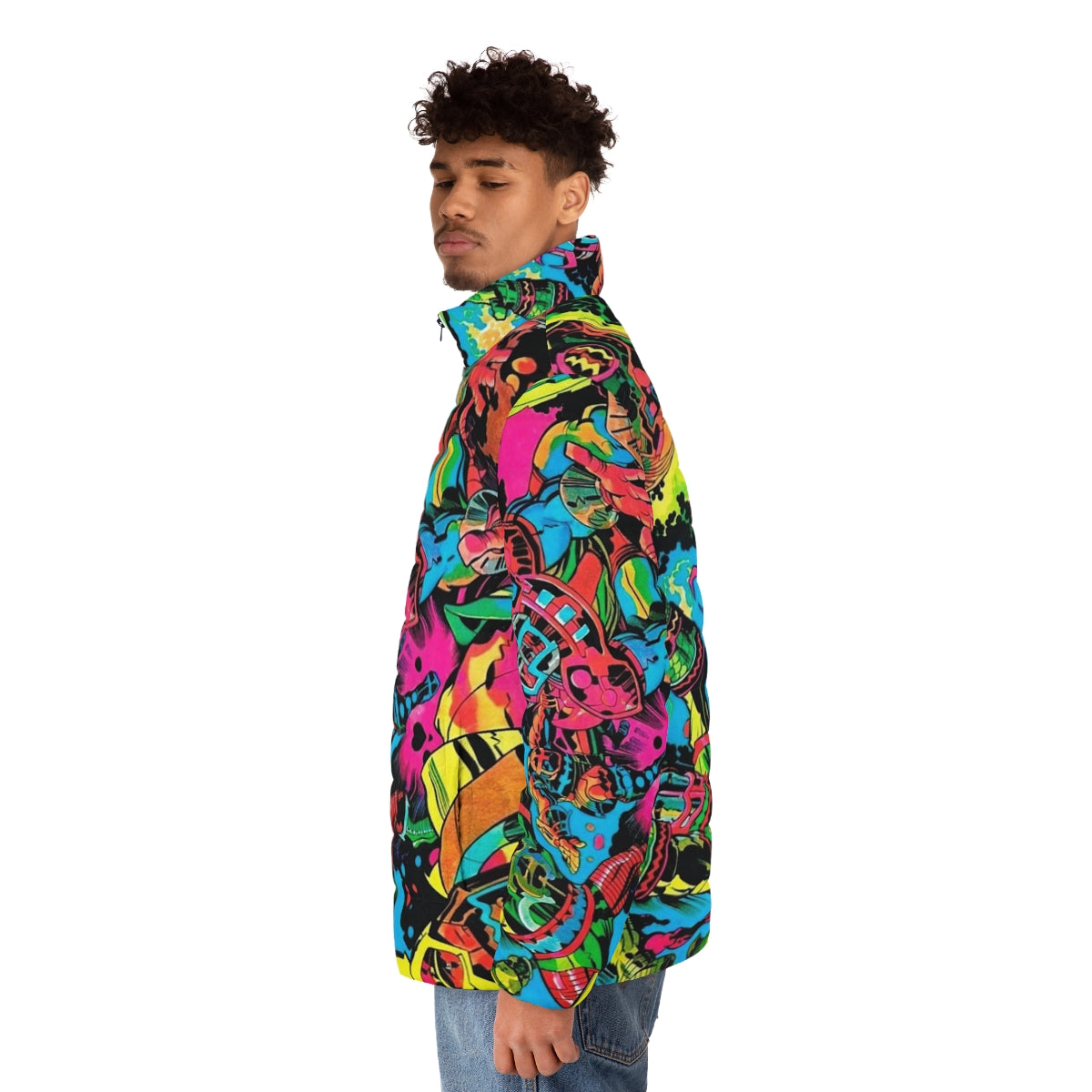 Kirby Puffer Jacket with Retro Comic-Inspired Pop Art Design - men side left