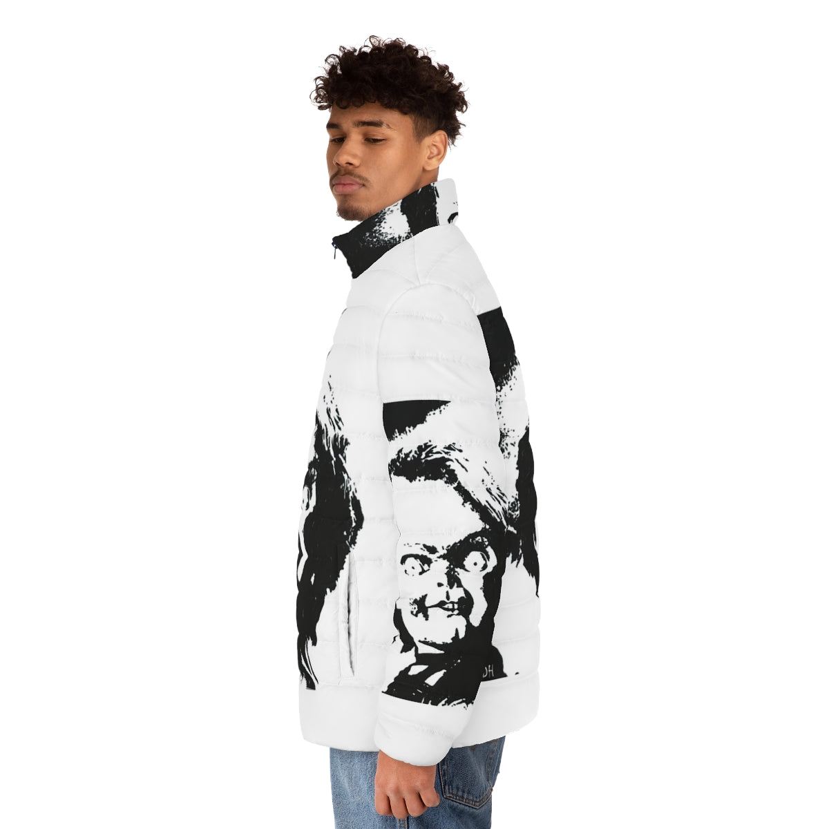 Chucky Puffer Jacket featuring horror movie pop art design - men side left