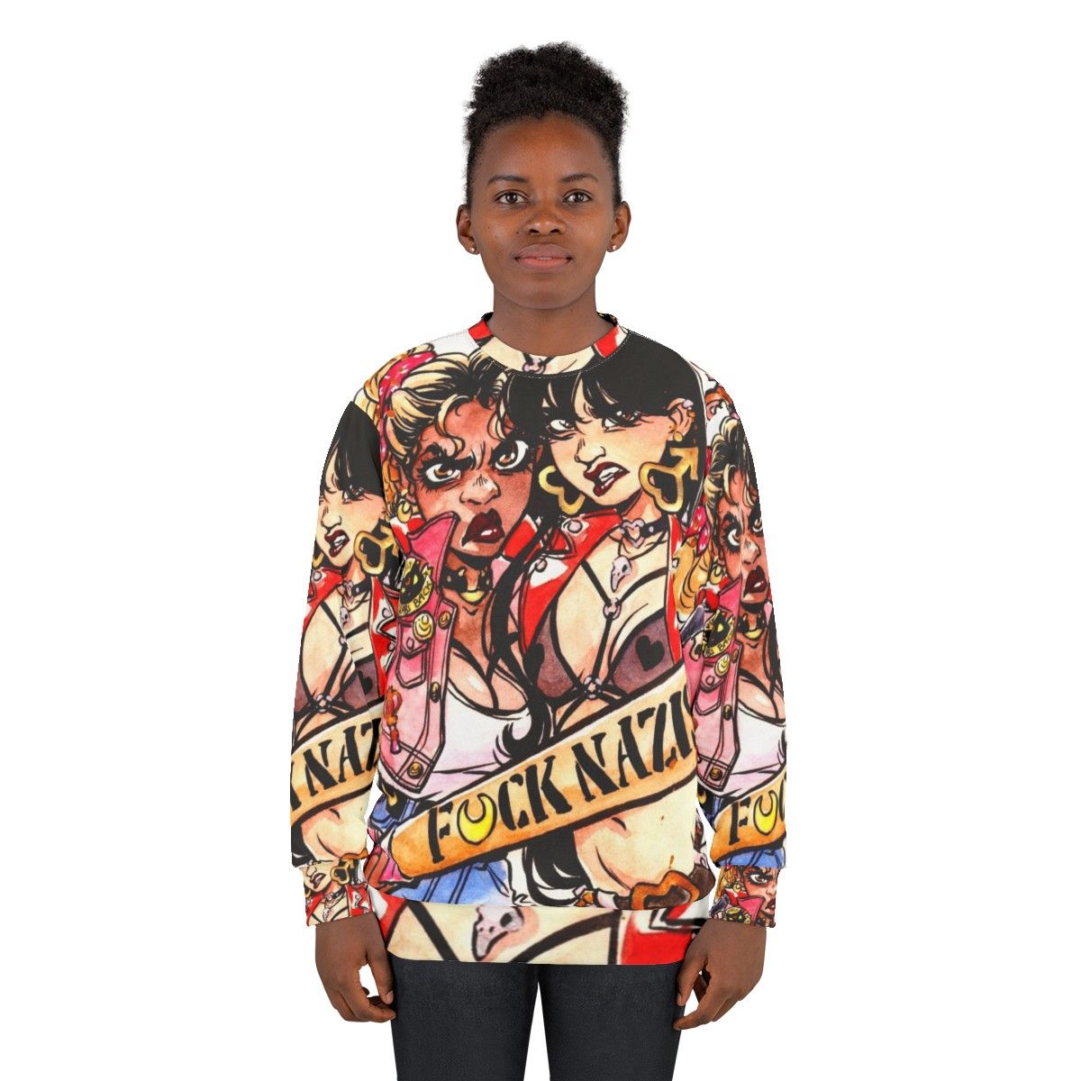 Watercolor art of magical girl superheroes on a sweatshirt - women