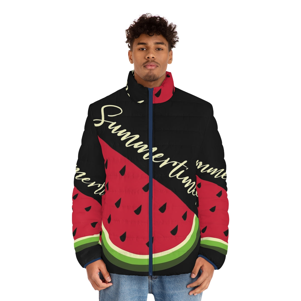 Watermelon design black puffer jacket - men front