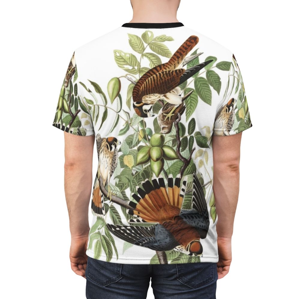 Vintage-inspired American kestrel bird of prey t-shirt design - men back