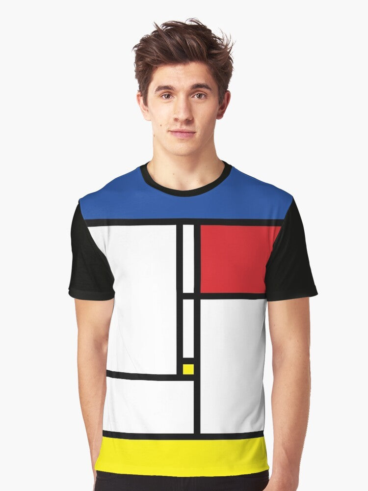 Mondrian minimalist art graphic t-shirt featuring a modern, abstract design in primary colors of red, blue, and yellow. - Men