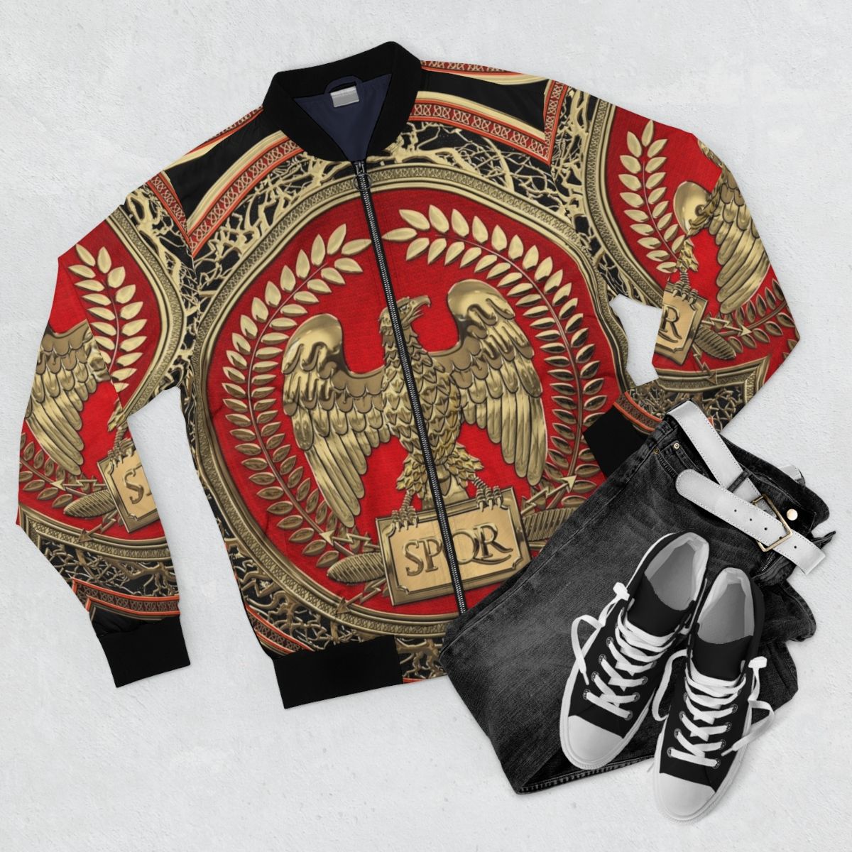 Gold Roman Imperial Eagle Embroidered on a Black Leather Bomber Jacket - Flat lay