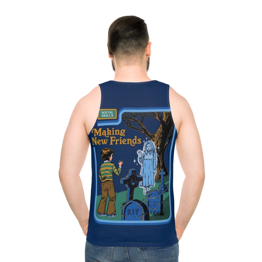 Retro horror-themed unisex tank top with "Making New Friends" design - men back