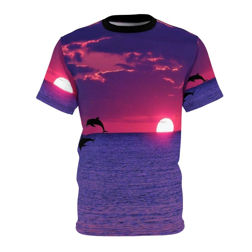 Stunning AOP t-shirt featuring a vibrant sunset sky with pink and purple hues, including a dolphin silhouette on the horizon.