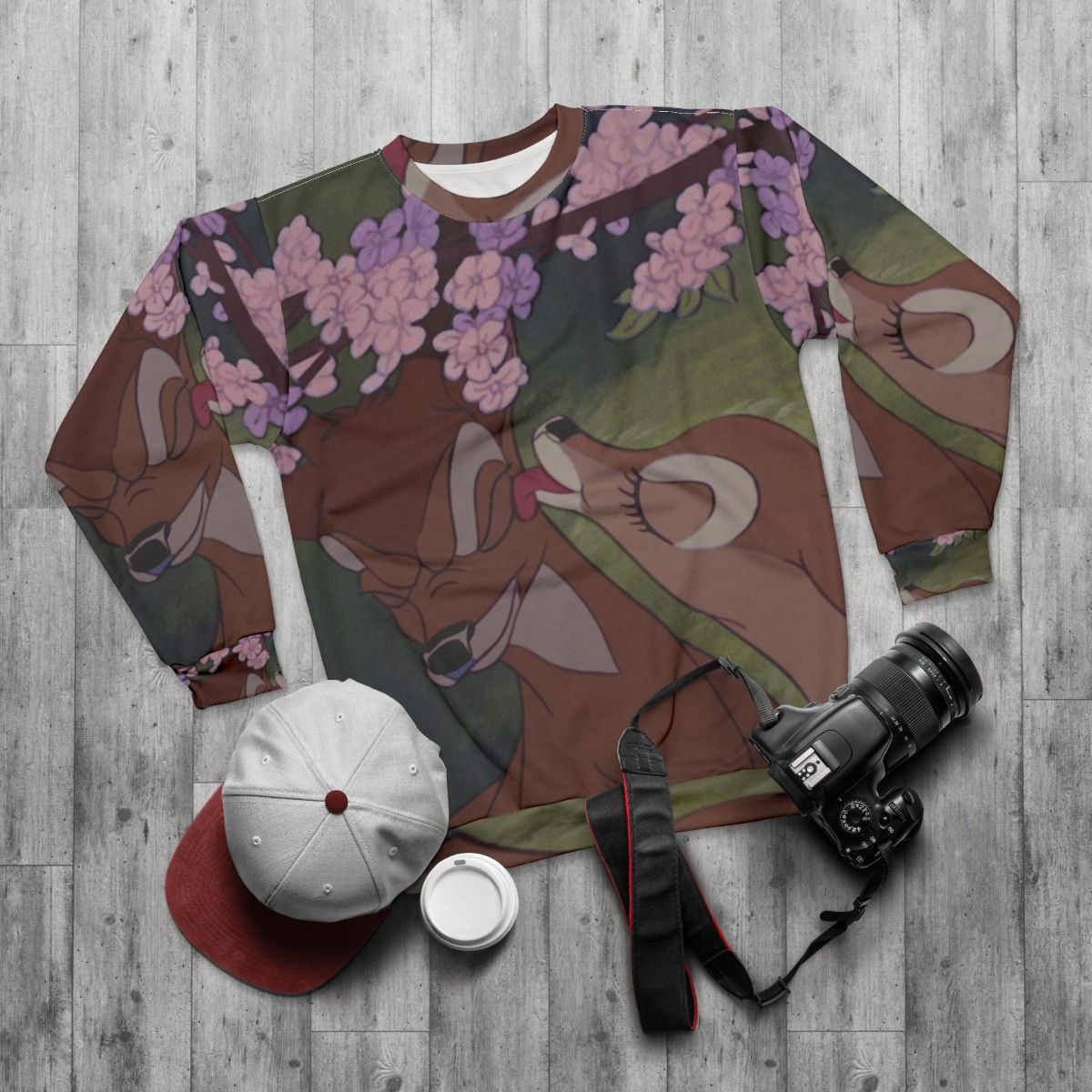 Disney inspired Bambi kiss sweatshirt with deer and floral design - flat lay