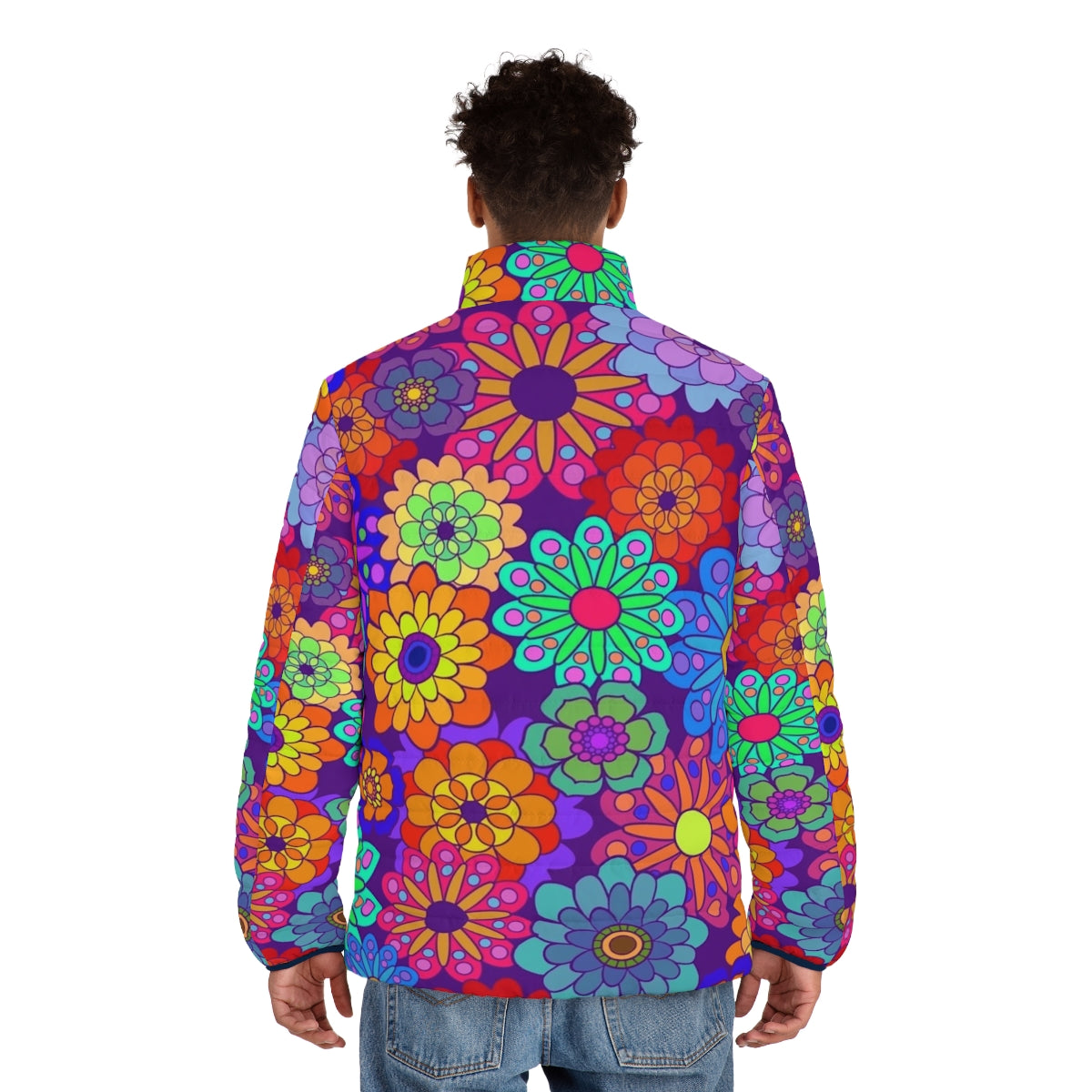 Colorful retro-style puffer jacket with flower power floral design - men back