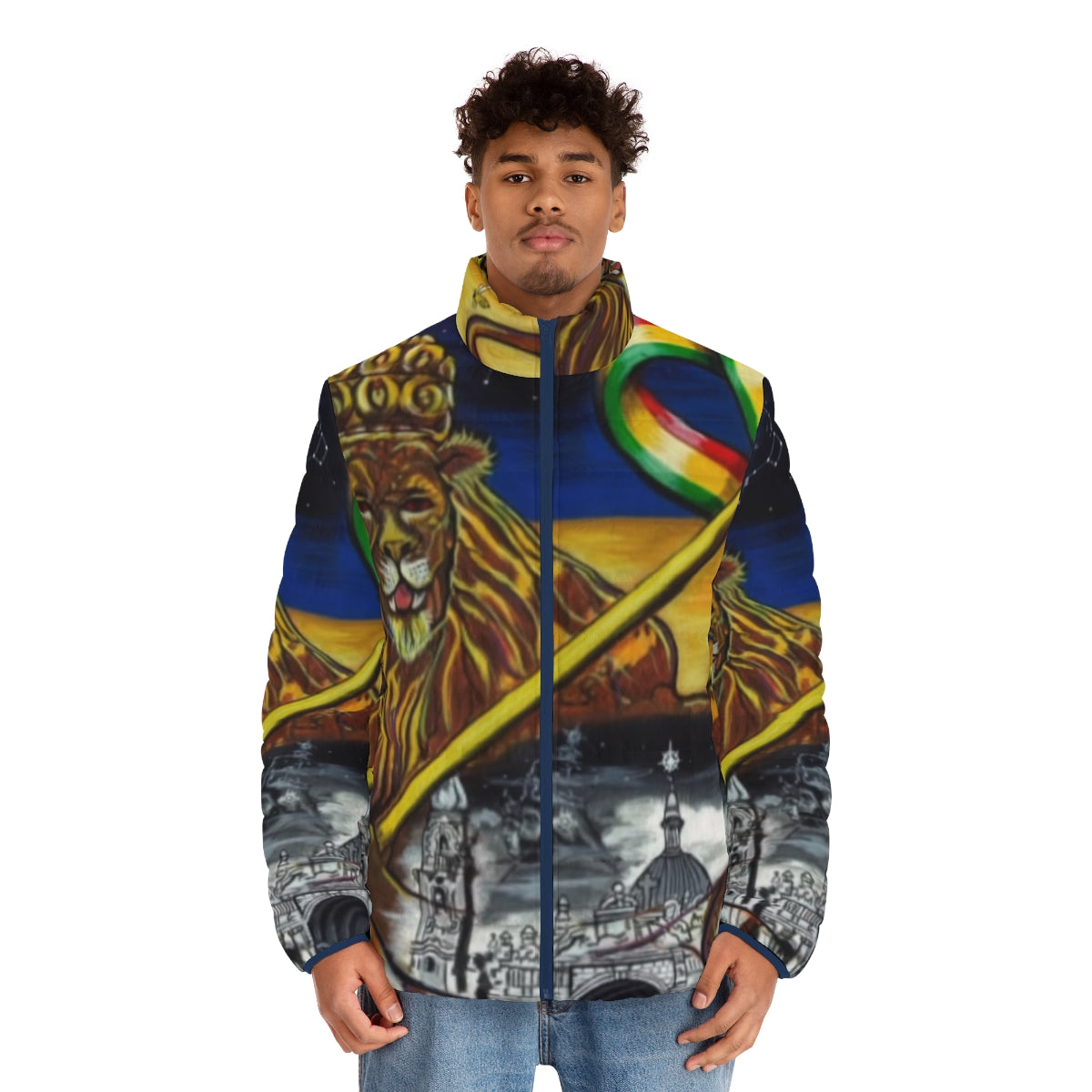 Midnite Zion Puffer Jacket featuring a Lion of Judah polygon design - men front