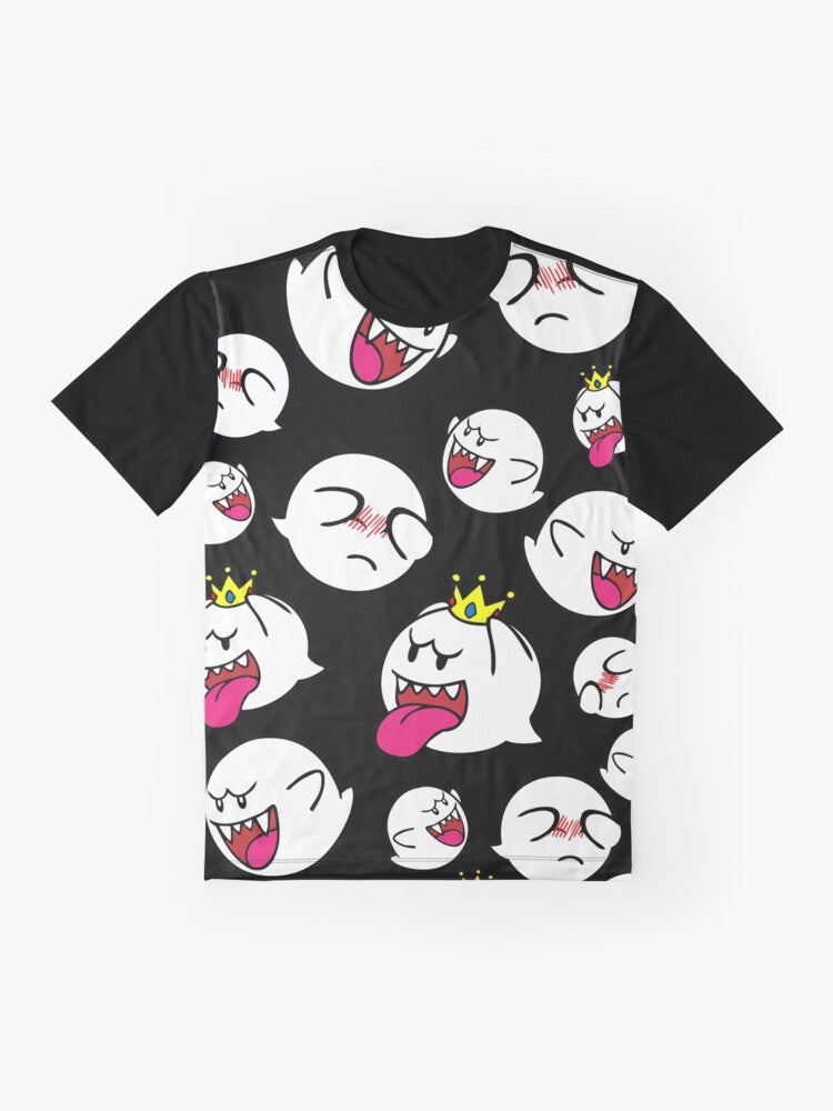 King Boo Swarm Graphic T-Shirt, featuring a group of shy boos and ghosts from the Nintendo video game series. - Flat lay