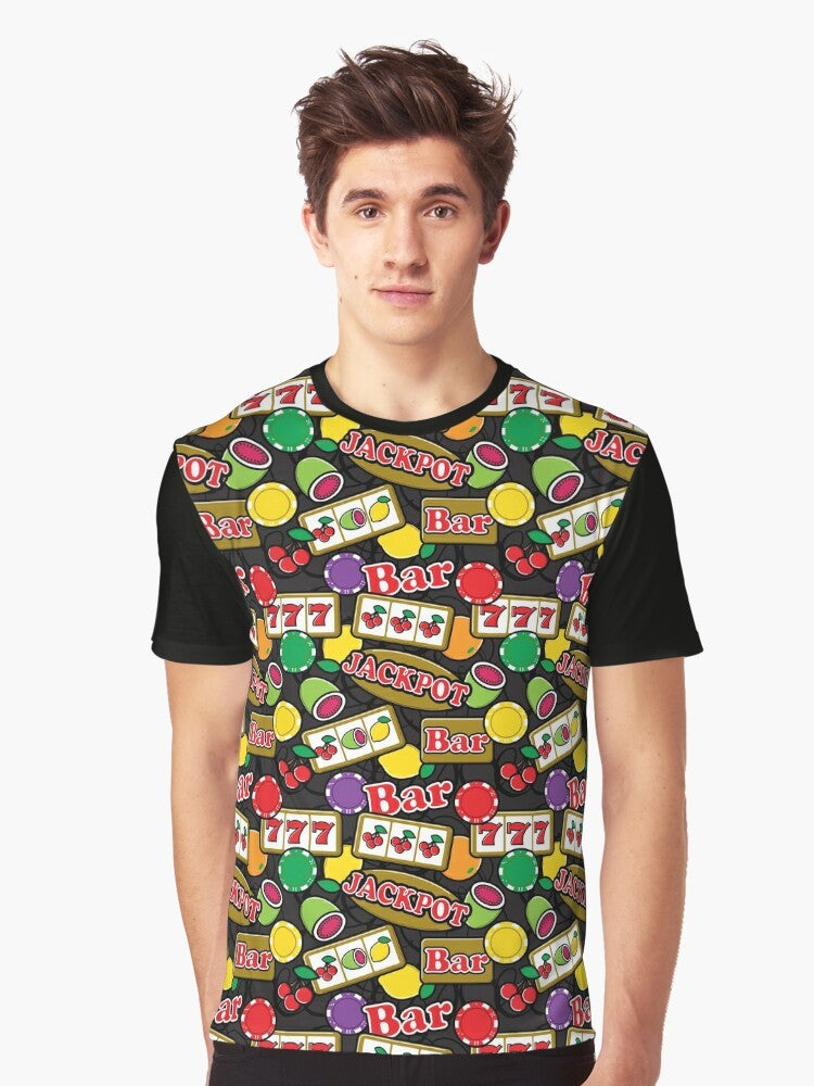 Graphic t-shirt with a pattern of lucky slot machines, jackpots, and fruit symbols - Men