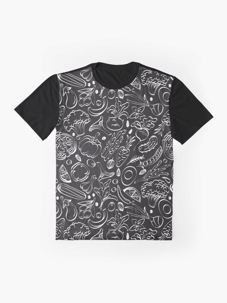 Vegetable Pattern Graphic T-Shirt featuring a colorful design of various vegetables like squash, broccoli, onion, garlic, and more. - Flat lay