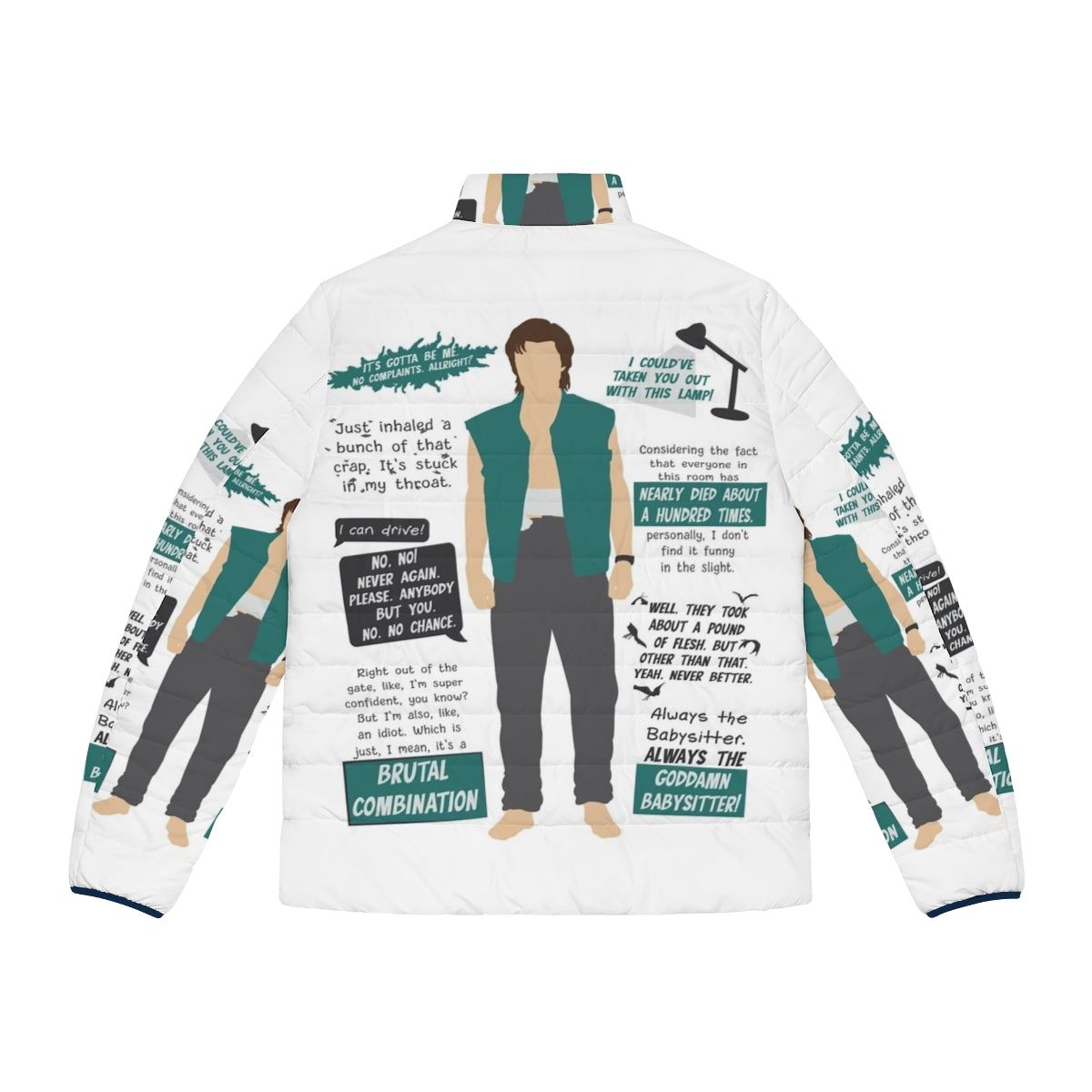 Minimalist puffer jacket featuring quotes from Steve Harrington in Stranger Things Season 4 - Back