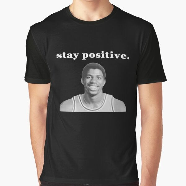 "Stay Positive" graphic t-shirt featuring a portrait of basketball legend Magic Johnson