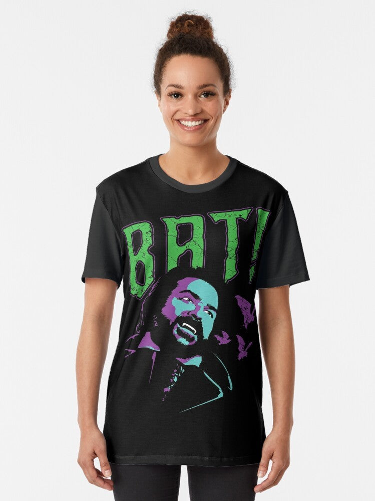 Graphic t-shirt featuring a bat design inspired by the TV show "What We Do in the Shadows" - Women