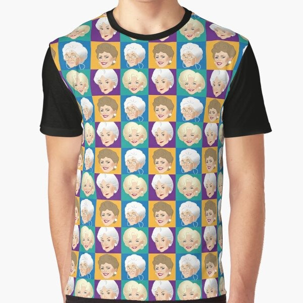 Vintage-style graphic t-shirt featuring the iconic "Golden Girls" characters - Blanche, Dorothy, Rose, and Sophia.