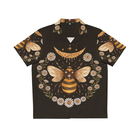 Honey Moon Hawaiian Shirt with Bees, Flowers, and Crescent Moon