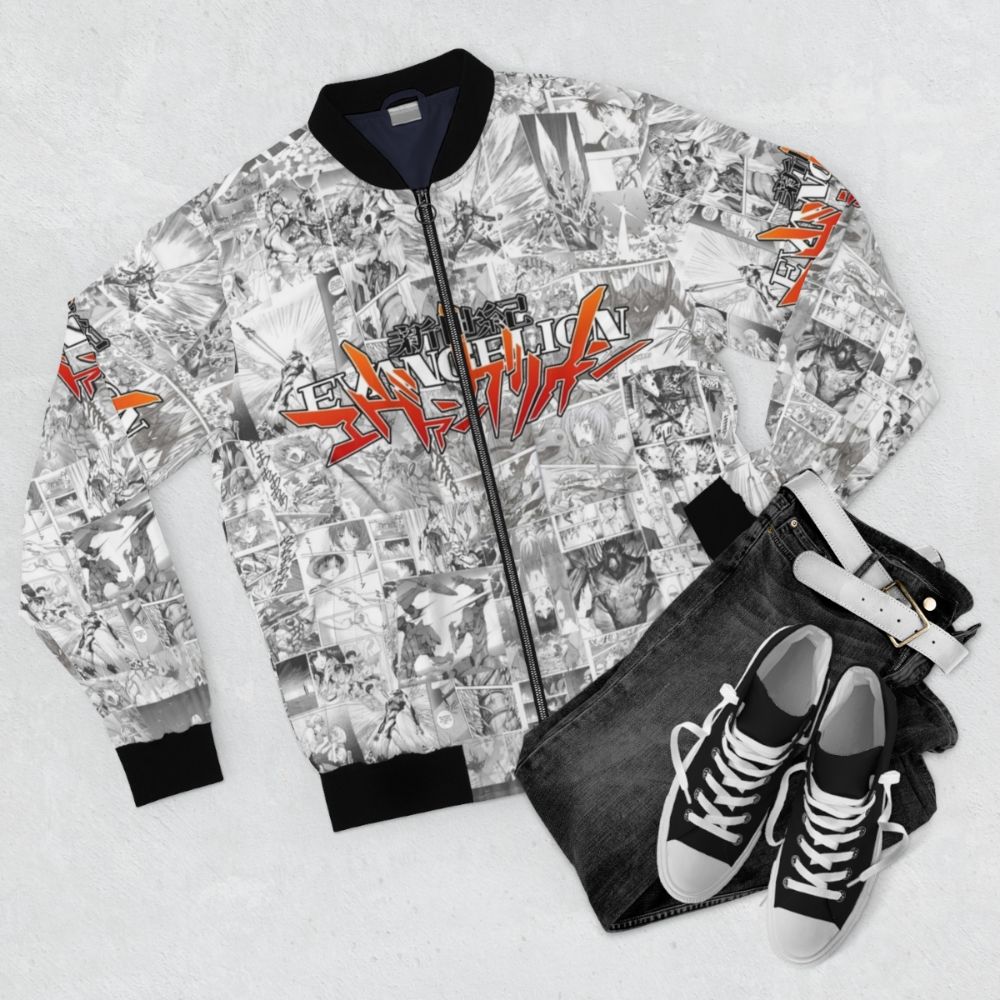 Evangelion Anime Inspired Bomber Jacket with Mecha and Character Designs - Flat lay