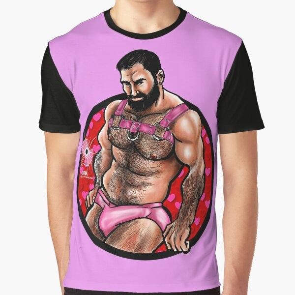 Muscular bearded man wearing a graphic t-shirt with a "Bullet Hole Love" design for Valentine's Day