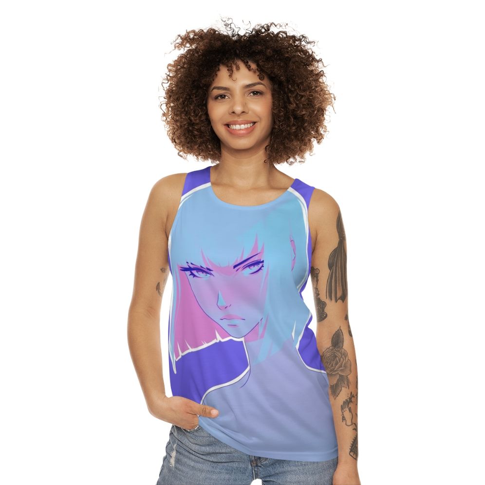 Colorful unisex winter tank top with anime-inspired flat design - women