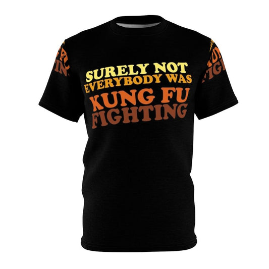 Retro funny "Surely Not Everybody Was Kung Fu Fighting" t-shirt design with martial arts and 70s music lyrics