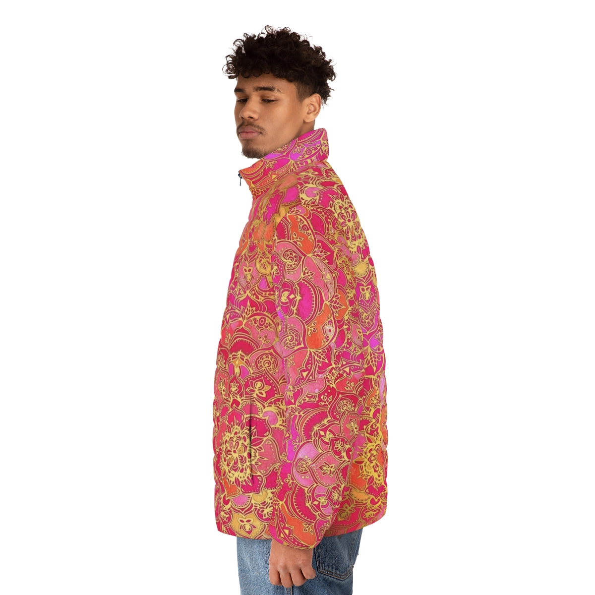 Hot pink and gold baroque floral patterned puffer jacket - men side left