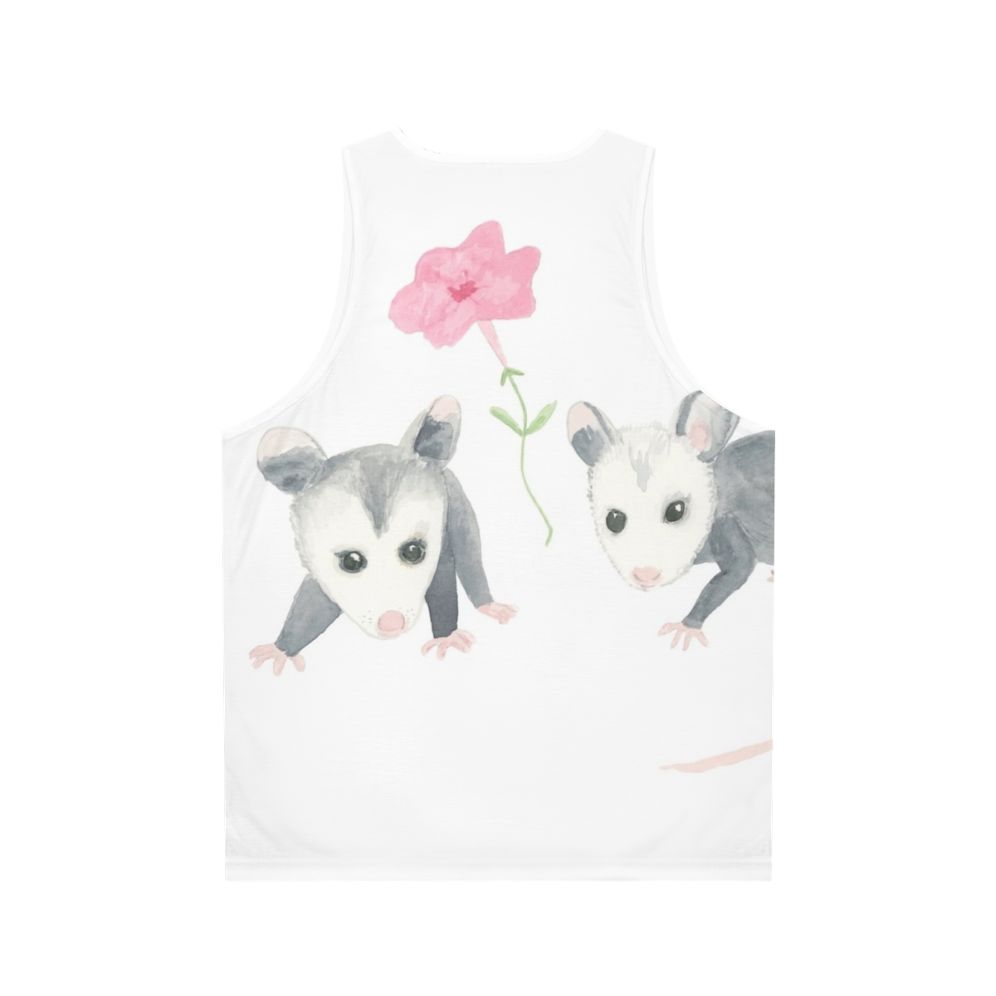 Baby opossum and pink petunia print on a unisex tank top - Back