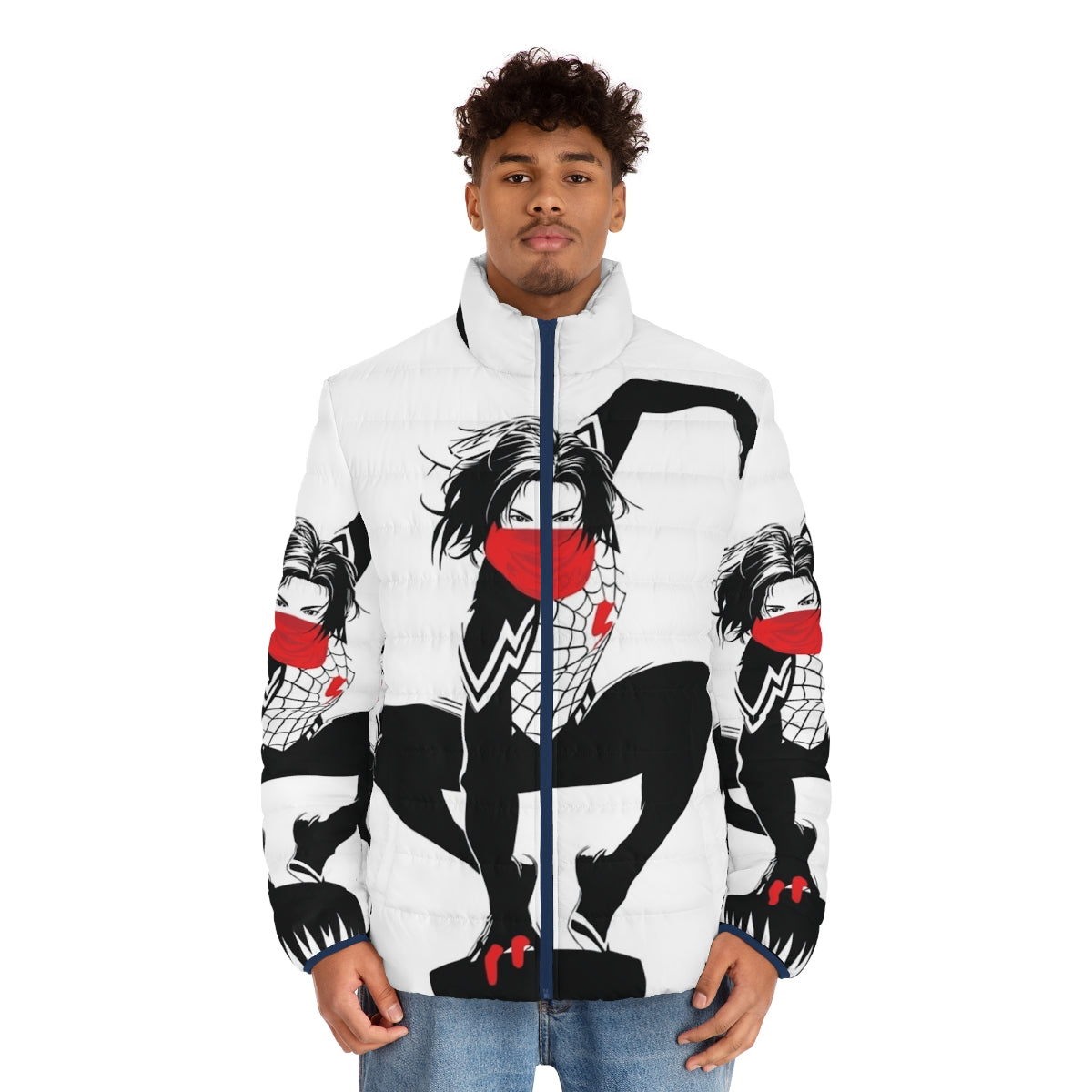 Silk Cindy Moon Black and White Puffer Jacket with Spider-Verse Inspired Design - men front