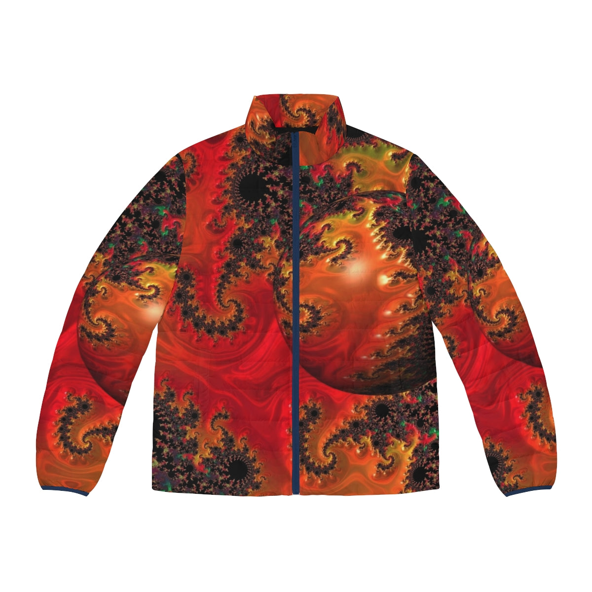 Vibrant and colorful puffer jacket featuring abstract spherical patterns, inspired by contemporary art