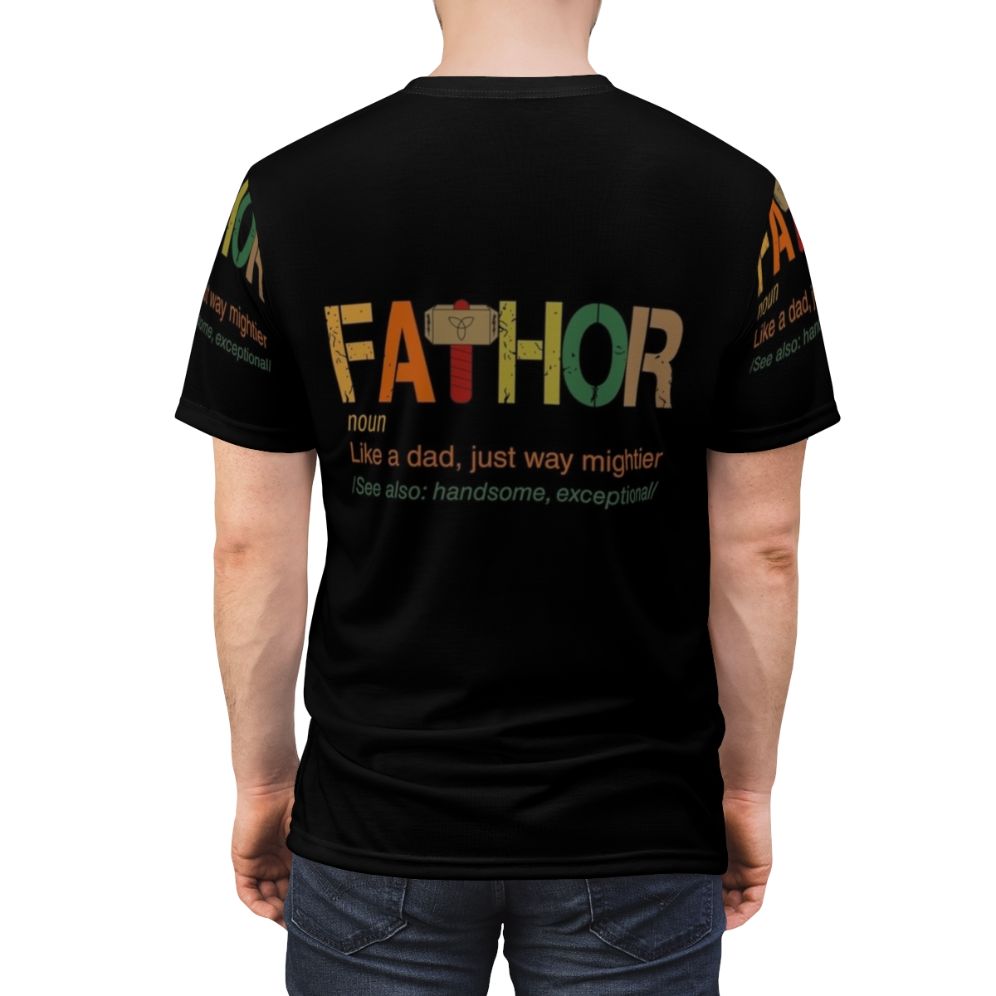 Superhero dad t-shirt with "Fa Thor Like a Dad, Just Way Mightier" design - men back