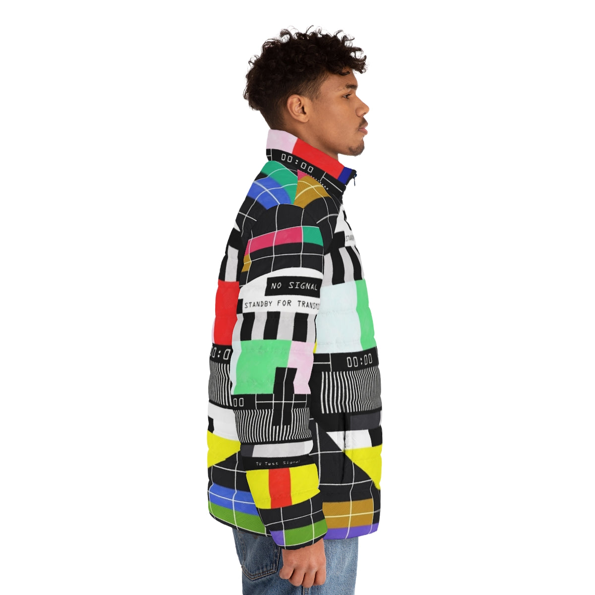 Standby For Transmission Puffer Jacket with retro graphic design and glitch art - men side right